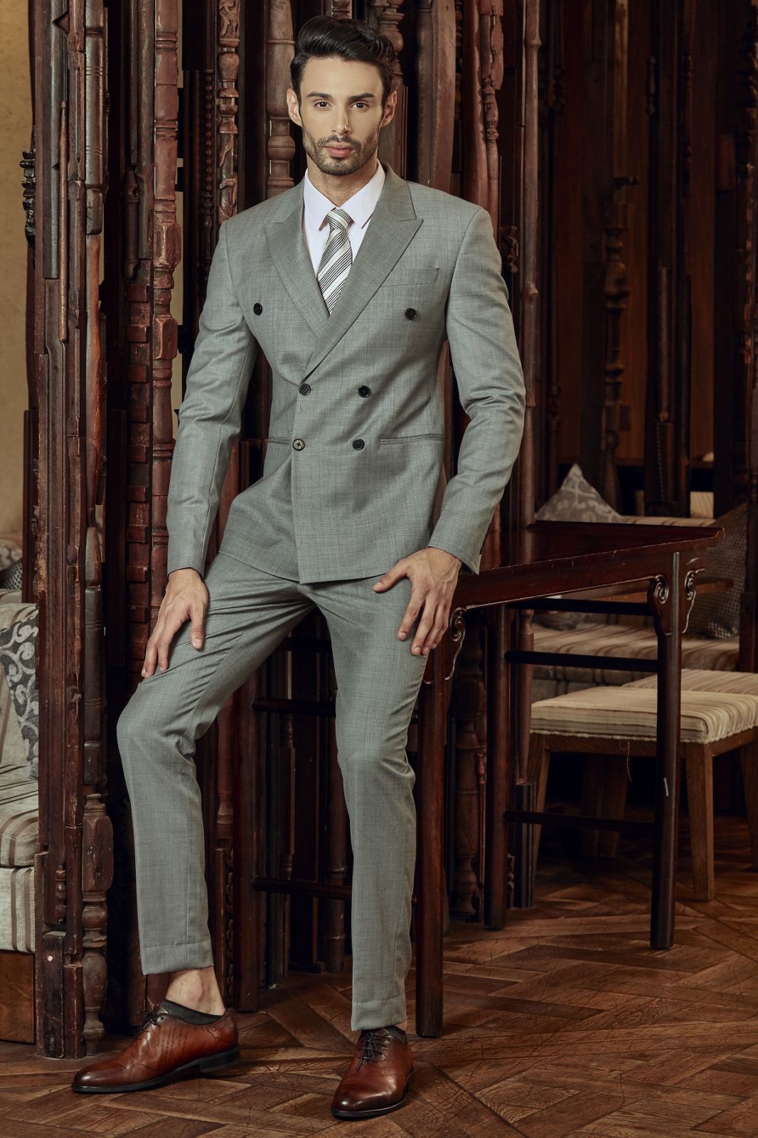 Double Breasted Crosshatch Grey Suit 